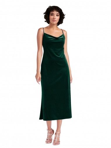 Cheap Sheath Cowl Neck Stretch Velvet Midi Length Dark Green Black Tie Formal Dress
