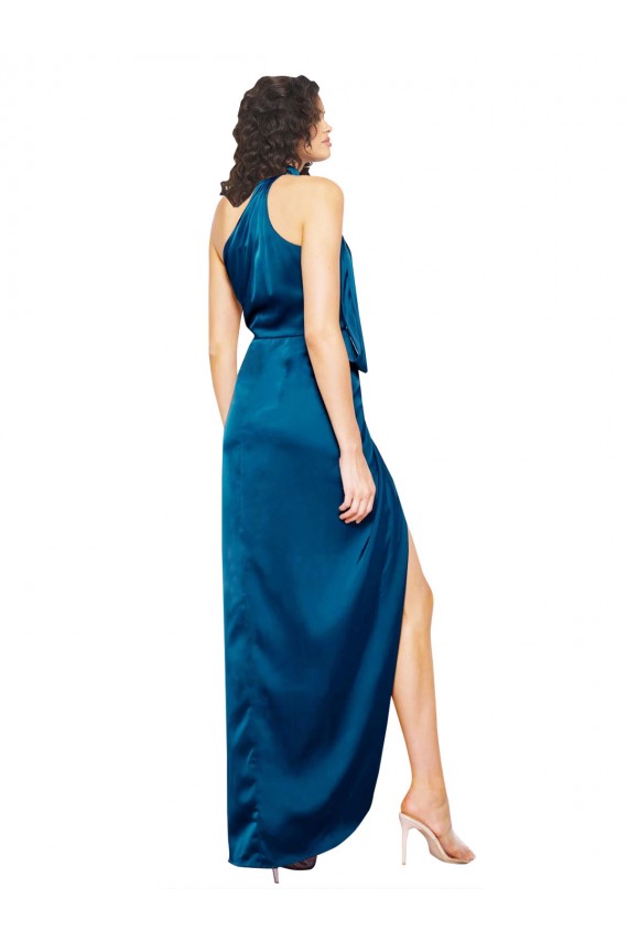 Cheap Sheath High Neck Silky Satin Long Peacock Blue Formal Dress