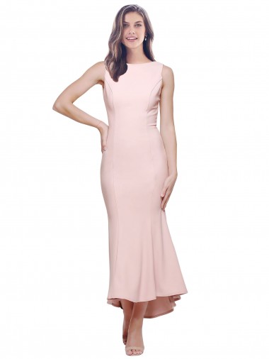 Cheap Sheath High Neck Stretch Crepe Midi Length Pink High Low Formal Dress