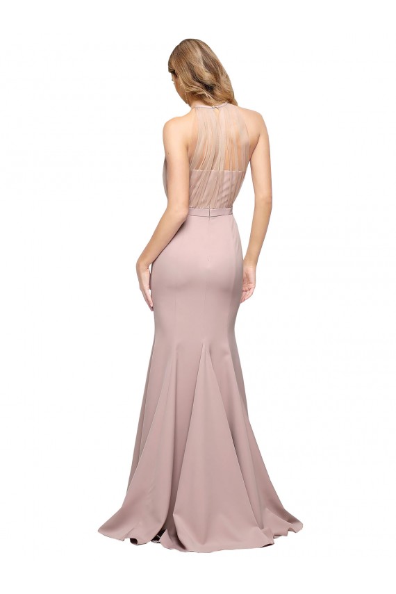Cheap Sheath High Neck Stretch Crepe Sweep Train Dusty Pink Formal Dress
