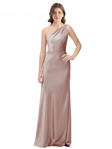 Cheap Sheath One Shoulder Stretch Satin Long Dusty Pink Formal Dress