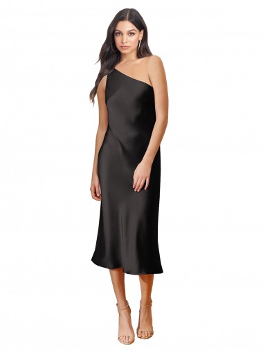 Cheap Sheath One Shoulder Stretch Satin Midi Length Black Black Tie Formal Dress