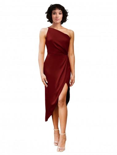 Cheap Sheath One Shoulder Stretch Satin Midi Length Burgundy Black Tie Formal Dress