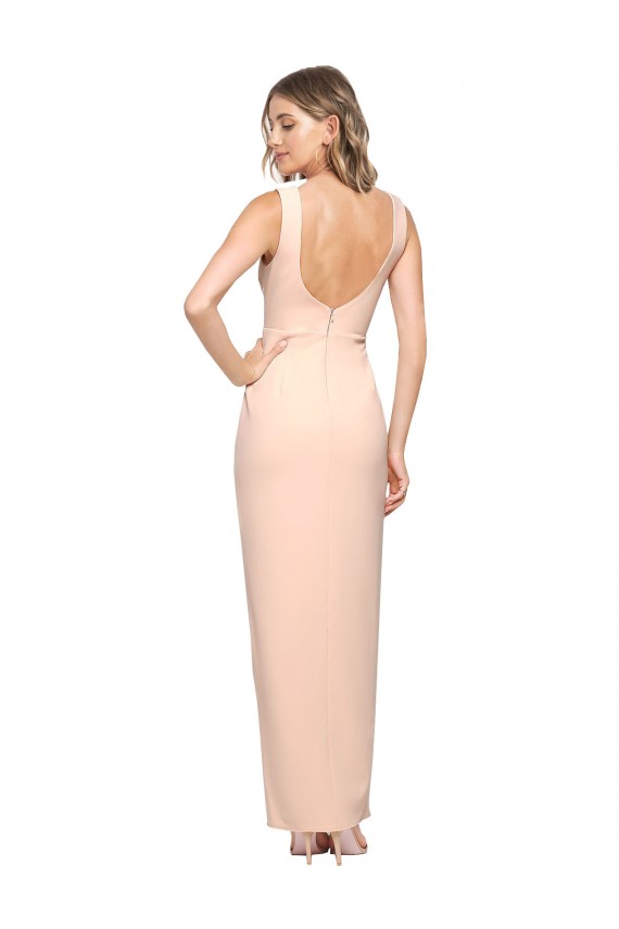 Cheap Sheath Square Neck Stretch Crepe Long Nude Formal Dress