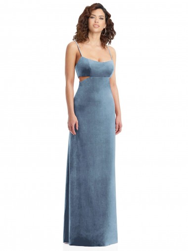 Cheap Sheath Square Neck Stretch Velvet Long Dusty Blue Formal Dress