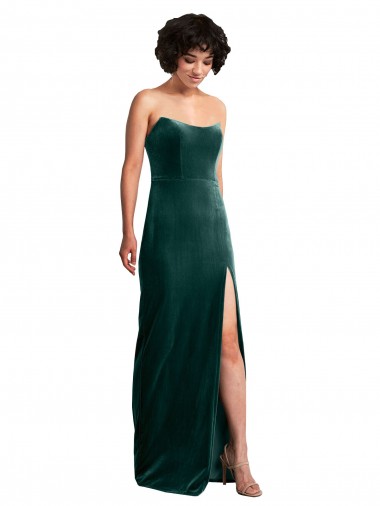 Cheap Sheath Strapless Stretch Velvet Long Dark Green Black Tie Formal Dress