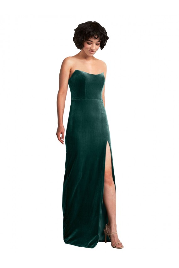 Cheap Sheath Strapless Stretch Velvet Long Dark Green Black Tie Formal Dress