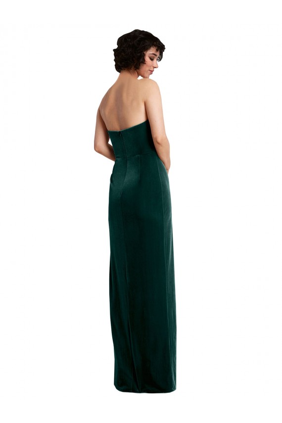 Cheap Sheath Strapless Stretch Velvet Long Dark Green Black Tie Formal Dress