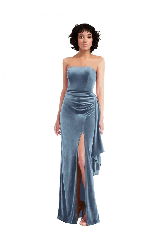Cheap Sheath Strapless Stretch Velvet Long Dusty Blue Formal Dress