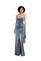 Cheap Sheath Strapless Stretch Velvet Long Dusty Blue Formal Dress
