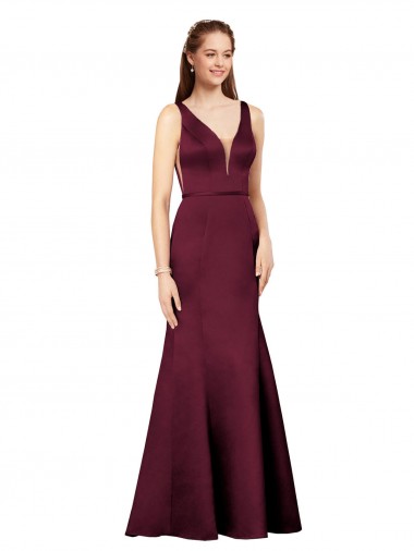 Cheap Sheath V-Neck Satin Long Burgundy Formal Dress