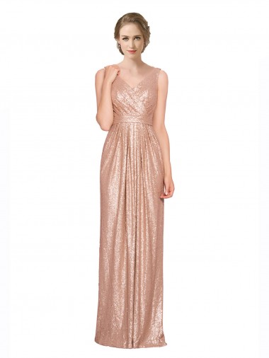 Cheap Sheath V-Neck Sequin Long Rose Gold Formal Gown