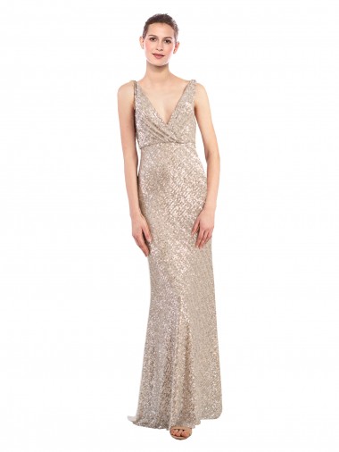 Cheap Sheath V-Neck Sequin & Sparkling Sequin Long Silver Formal Dress