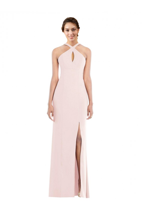 Cheap Trumpet Halter Neck Stretch Crepe Long Pink Formal Dress